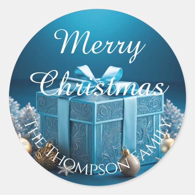 Sticker Rond Cadeaux de Noël emballés de bleu glace clair  (Devant)
