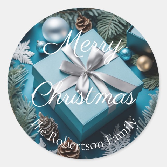 Sticker Rond Cadeaux de Noël Luxe Argent et Bleu Glacé  (Devant)