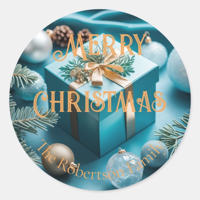 Sticker Rond Cadeaux de Noël Luxe Turquoise Bleu & Or  (Devant)