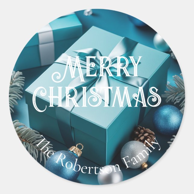Sticker Rond Cadeaux de Noël Luxe Turquoise Bleu Vert Argent (Devant)