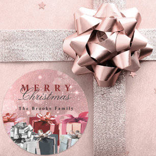 Sticker Rond Cadeaux de Noël Rose Poussiéreuse Pailletée Glamou
