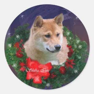 Sticker Rond Cadeaux de Noël Shiba Inu