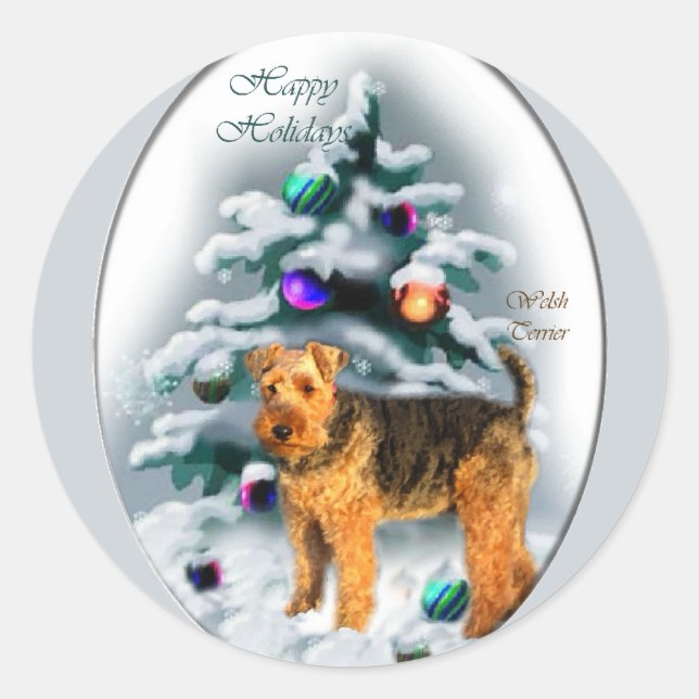 Sticker Rond Cadeaux de Noël Welsh Terrier (Devant)