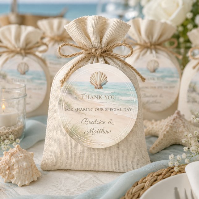 Sticker Rond Cadeaux de remerciement de mariage plage côtière (Créateur téléchargé)