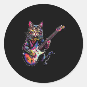 Sticker Rond Cadeaux Drôles de Chat Jouant de la Guitare Rock A