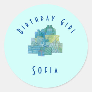 Sticker Rond Cadeaux mignons pour Anniversaire Fille Bleu Vert