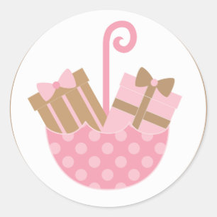 Sticker Rond Cadeaux roses dans un Baby shower parapluie