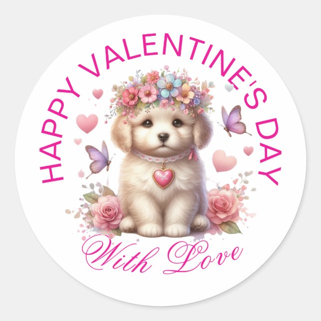 Sticker Rond Cadeaux Saint-Valentin - Chiot adorable à la mode  (Devant)