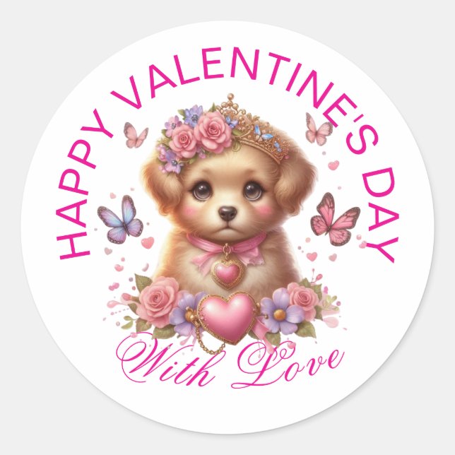Sticker Rond Cadeaux Saint-Valentin - Chiot adorable à la sauce (Devant)