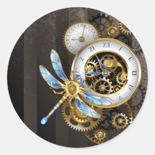 Sticker Rond Cadran Steampunk avec libellule