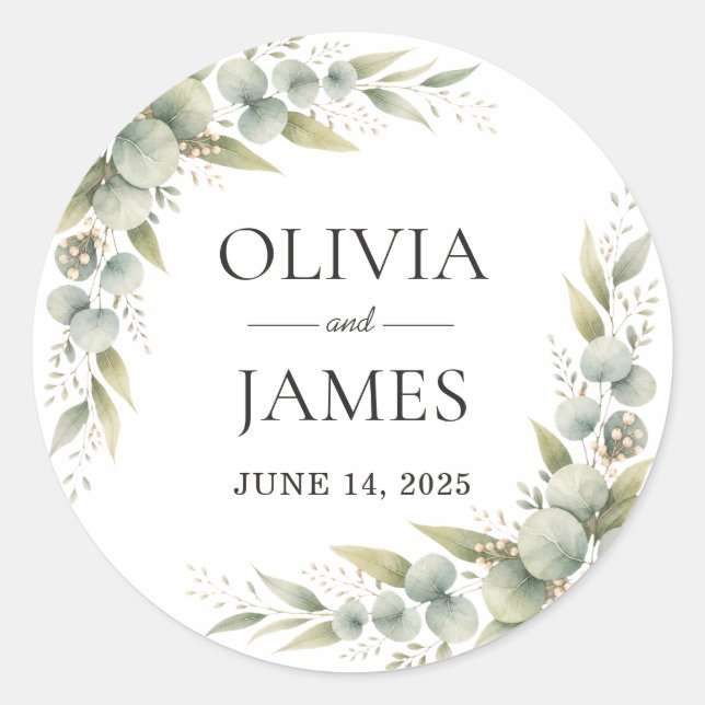 Sticker Rond Cadre Botanique Eucalyptus Verdure Mariage (Devant)