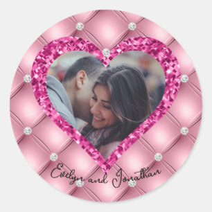 Sticker Rond Cadre Coeur Photo personnalisée Coussin Rose & Dia