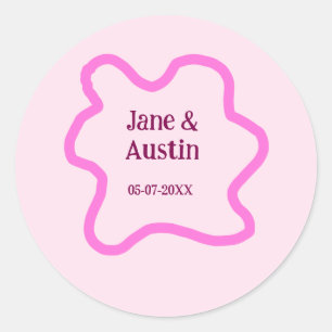 Sticker Rond Cadre de bordure de mariage rétro pastel rose nom