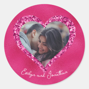 Sticker Rond Cadre de cœur photo personnalisée rose chaud avec 