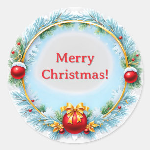 Sticker Rond Cadre de couronne de Noël festive avec pin bleu