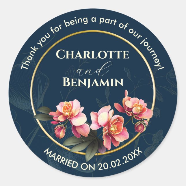 Sticker Rond Cadre de fleurs d'orchidées | MARIAGE | MERCI (Devant)