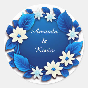 Sticker Rond Cadre de mariage floral bleu avec fleurs blanches