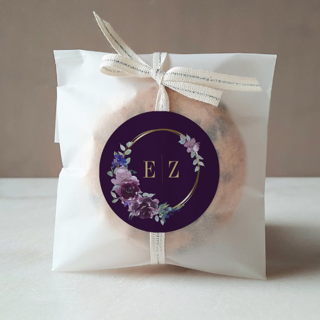 Sticker Rond Cadre de mariage floral violet bohème or (Créateur téléchargé)