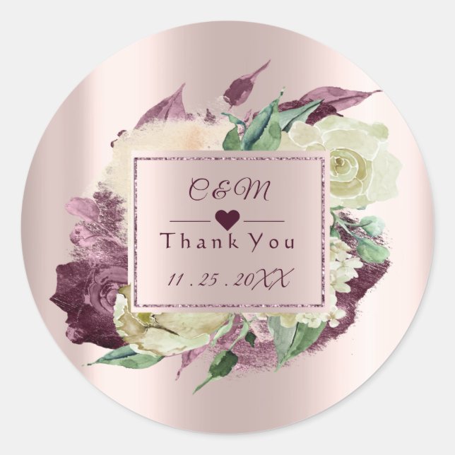 Sticker Rond Cadre de mariage Monogramme Marsala Bourgogne Rose (Devant)