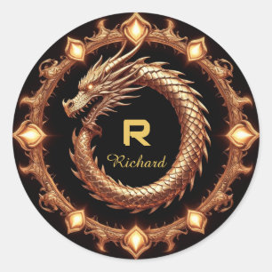 Sticker Rond 🐉 Cadre de nom de blason de dragon médiéval Emblè