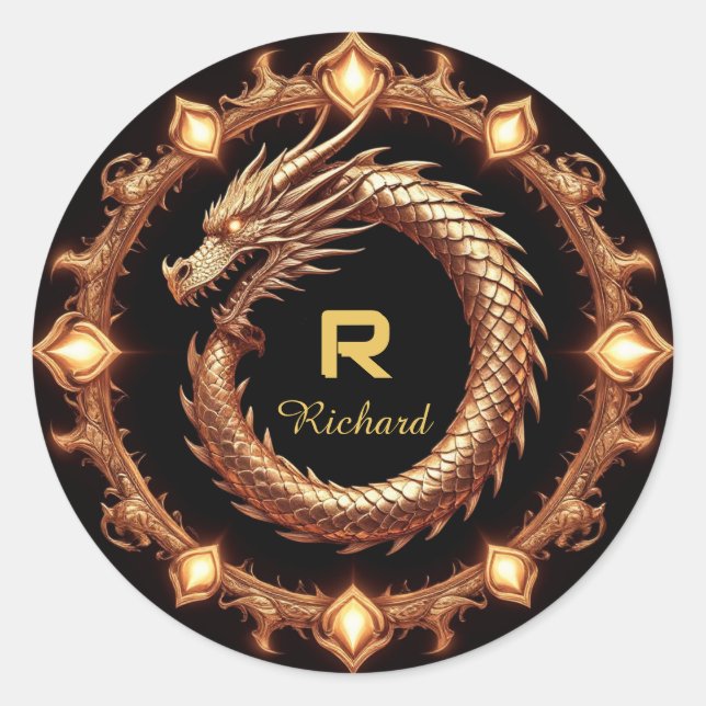 Sticker Rond 🐉 Cadre de nom de blason de dragon médiéval Emblè (Devant)