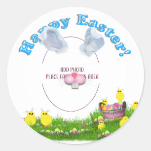 Sticker Rond Cadre de photo pour panier de Pâques avec poussins