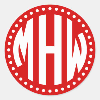 Sticker Rond Cadre de points avec monogramme en cercle rouge et