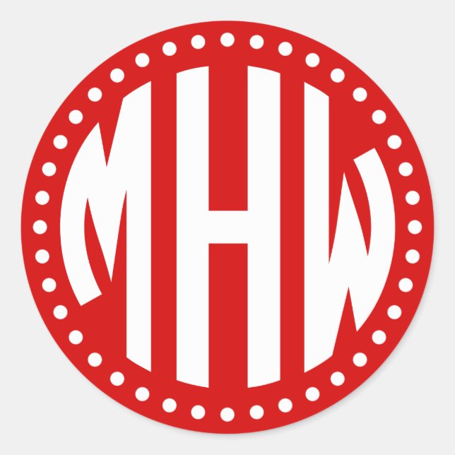 Sticker Rond Cadre de points avec monogramme en cercle rouge et (Devant)