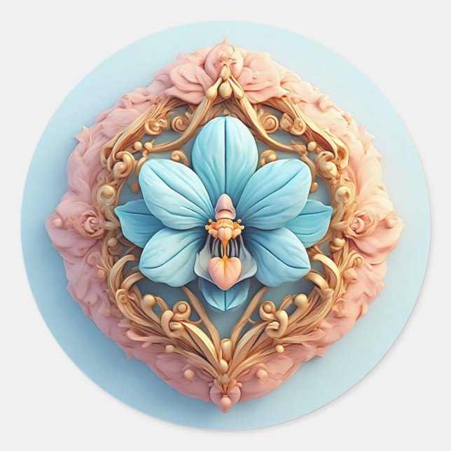 Sticker Rond Cadre Doré Orchidée Bleue 🌿✨ Élégance Florale Lux (Devant)