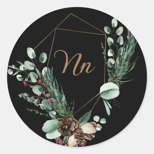 Sticker Rond Cadre doré personnalisable monogramme branche vert (Devant)