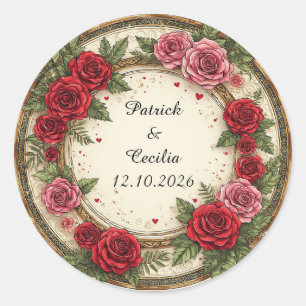 Sticker Rond Cadre floral avec roses rouges et roses