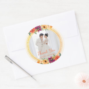 Sticker Rond Cadre floral couple photo beige merci de mariage