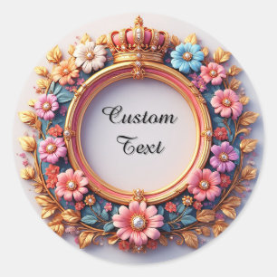 Sticker Rond Cadre Floral Orné Avec Couronne Bijoutée
