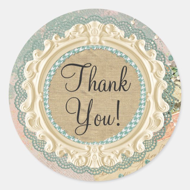 Sticker Rond Cadre français shabby chic, merci pour votre achat (Devant)