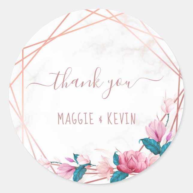 Sticker Rond Cadre géométrique en or rose avec fleurs sur marbr (Devant)