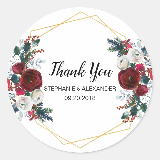 Sticker Rond Cadre géométrique Or Bourgogne Fleurs d'hiver (Devant)