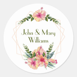 Sticker Rond Cadre Hibiscus mariage En Blanc
