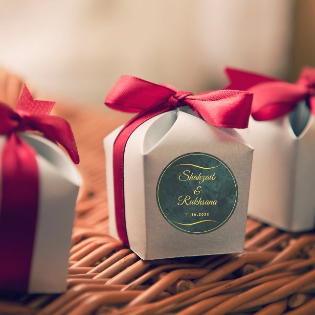 Sticker Rond Cadre Or Orné & Mariage Vert Emeraude (Créateur téléchargé)