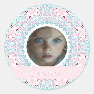 Sticker Rond Cadre personnalisé Pastel rose et bleu Mandala