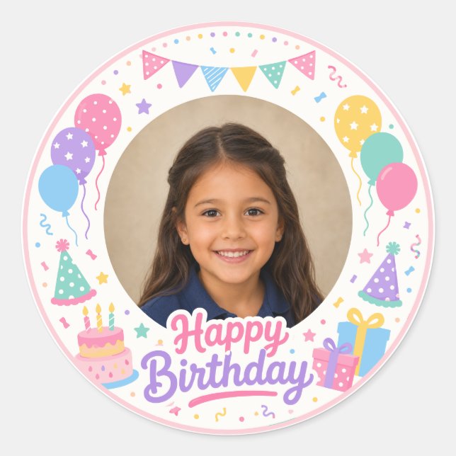 Sticker Rond Cadre photo d'anniversaire pastel (Devant)