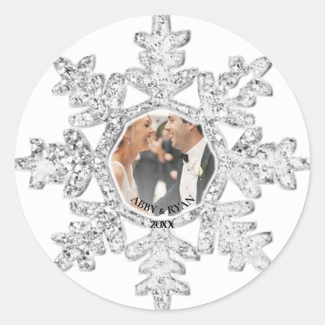 Sticker Rond Cadre photo flocon de neige pailleté argent person (Devant)