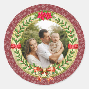 Sticker Rond Cadre photo personnalisé et couronne de Noël