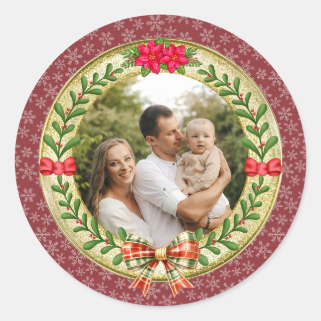 Sticker Rond Cadre photo personnalisé et couronne de Noël (Devant)