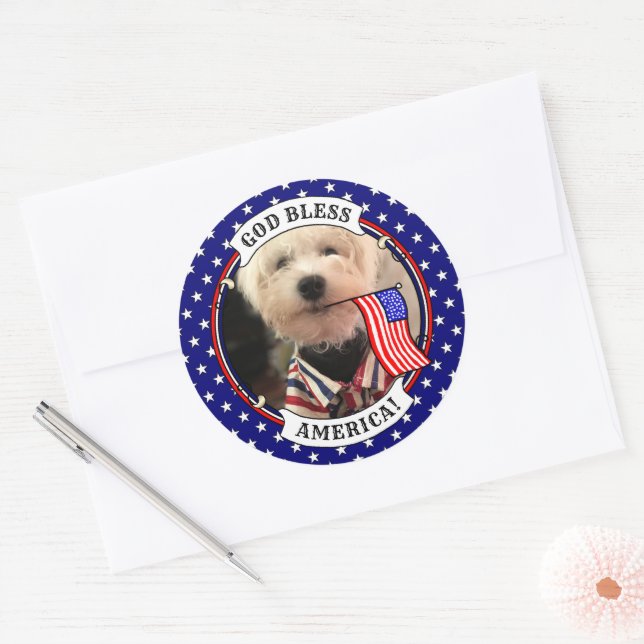 Sticker Rond Cadre photo personnalisé USA American Flag Patriot (Enveloppe)