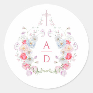 Sticker Rond Cadres de fleurs roses pour monogrammes de mariage
