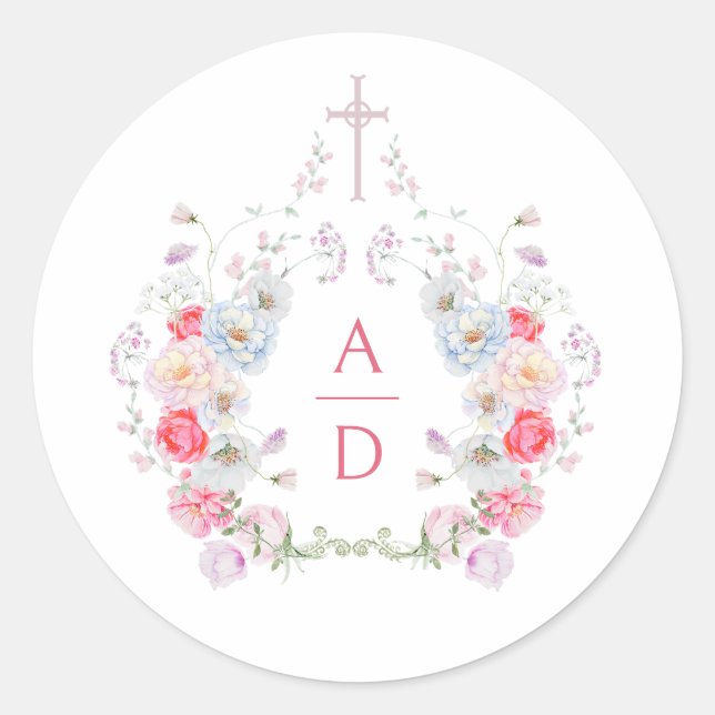 Sticker Rond Cadres de fleurs roses pour monogrammes de mariage (Devant)