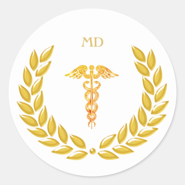 Sticker Rond Caducée de médecin avec monogramme et doré (Devant)