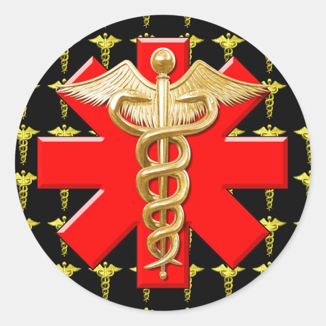 Sticker Rond Caducée Or Et Croix Médicale (Devant)