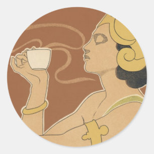 Sticker Rond Café Art Nouveau vintage Rajah, Dame avec du café