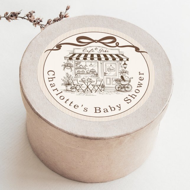 Sticker Rond Cafe Bebe Brown Stripes Parisian theme Baby Shower (Créateur téléchargé)